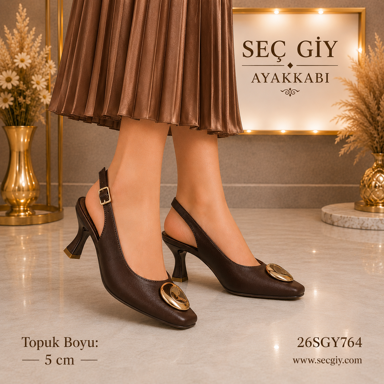 Acı Kahve Tokalı Kadın Slingback Topuklu Ayakkabı 5CM – Şık Günlük & Klasik Ayakkabı