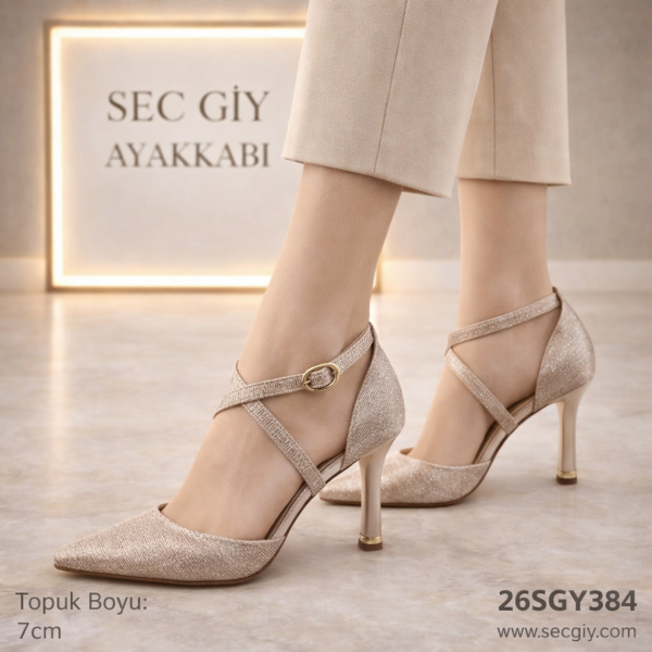 Şampanya Kadın Topuklu Ayakkabı 7 cm Abiye