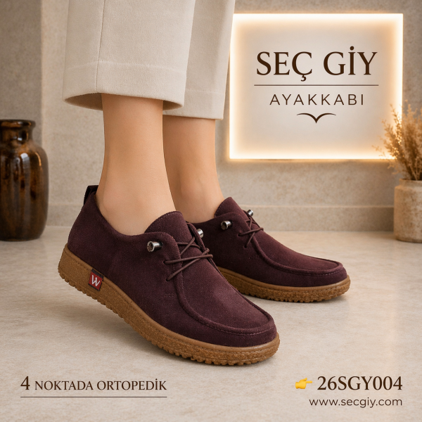 Mürdüm Süet Görünümlü Bağcıklı Ortopedik Günlük Kadın Ayakkabı