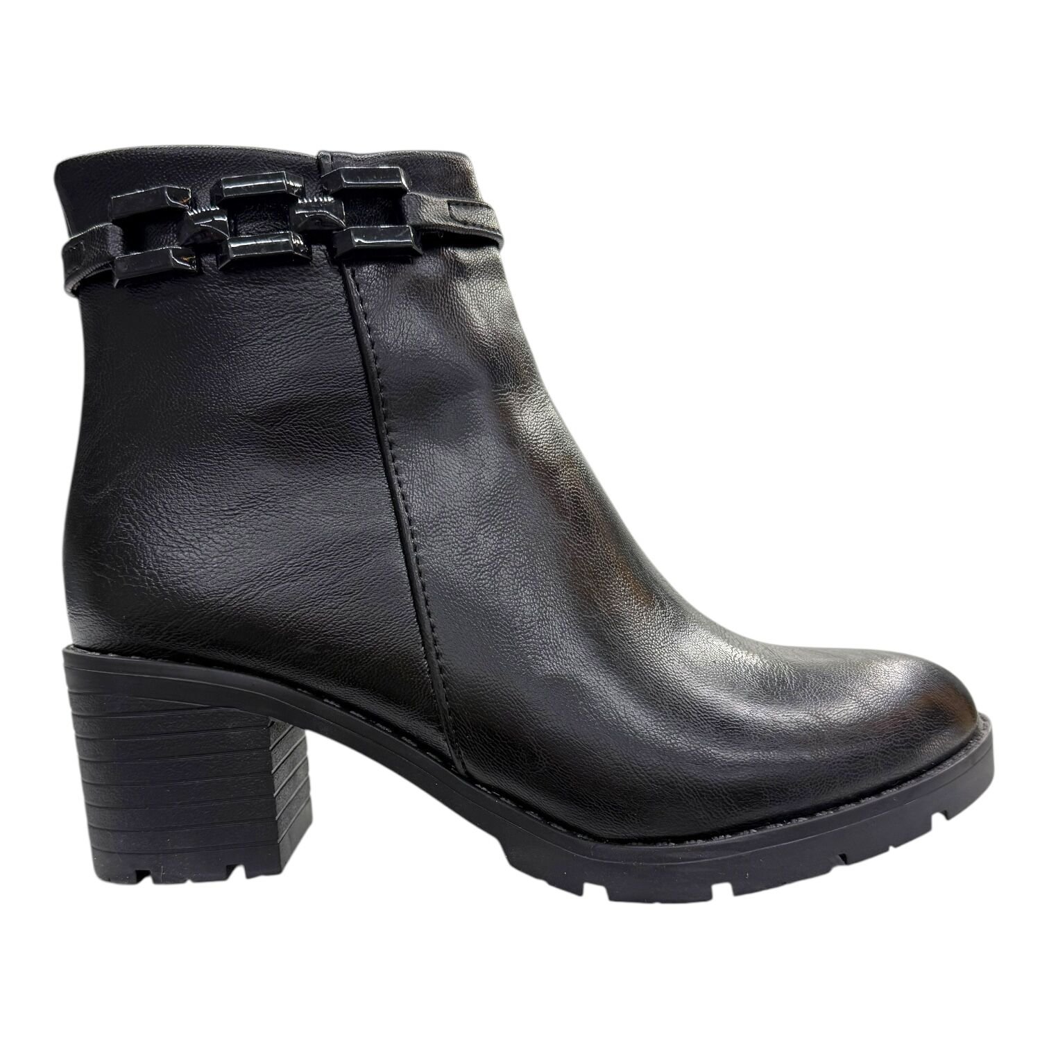 Siyah Zincir Detaylı Kalın Topuk Kadın Bot