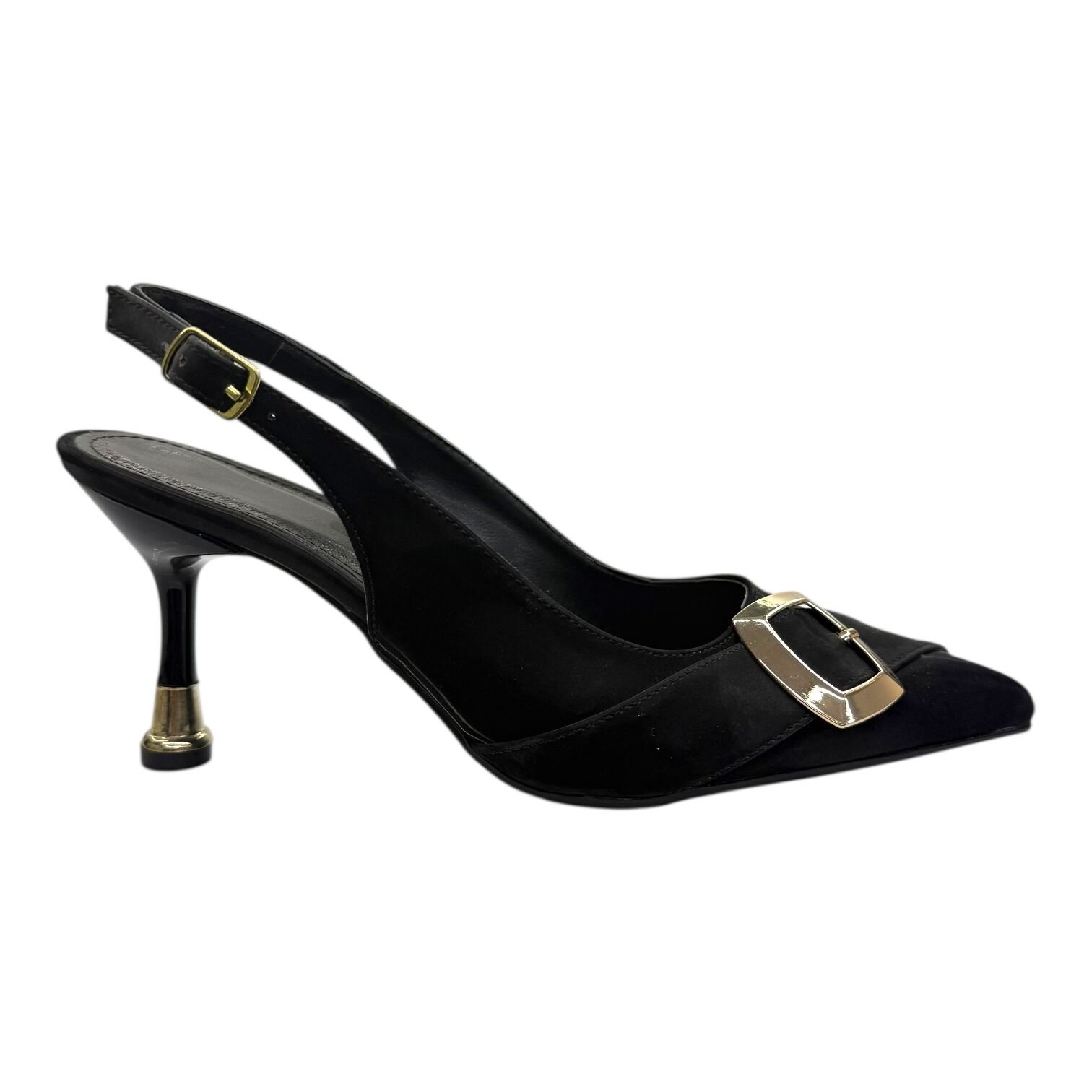 Altın Tokalı Siyah Süet  Stiletto