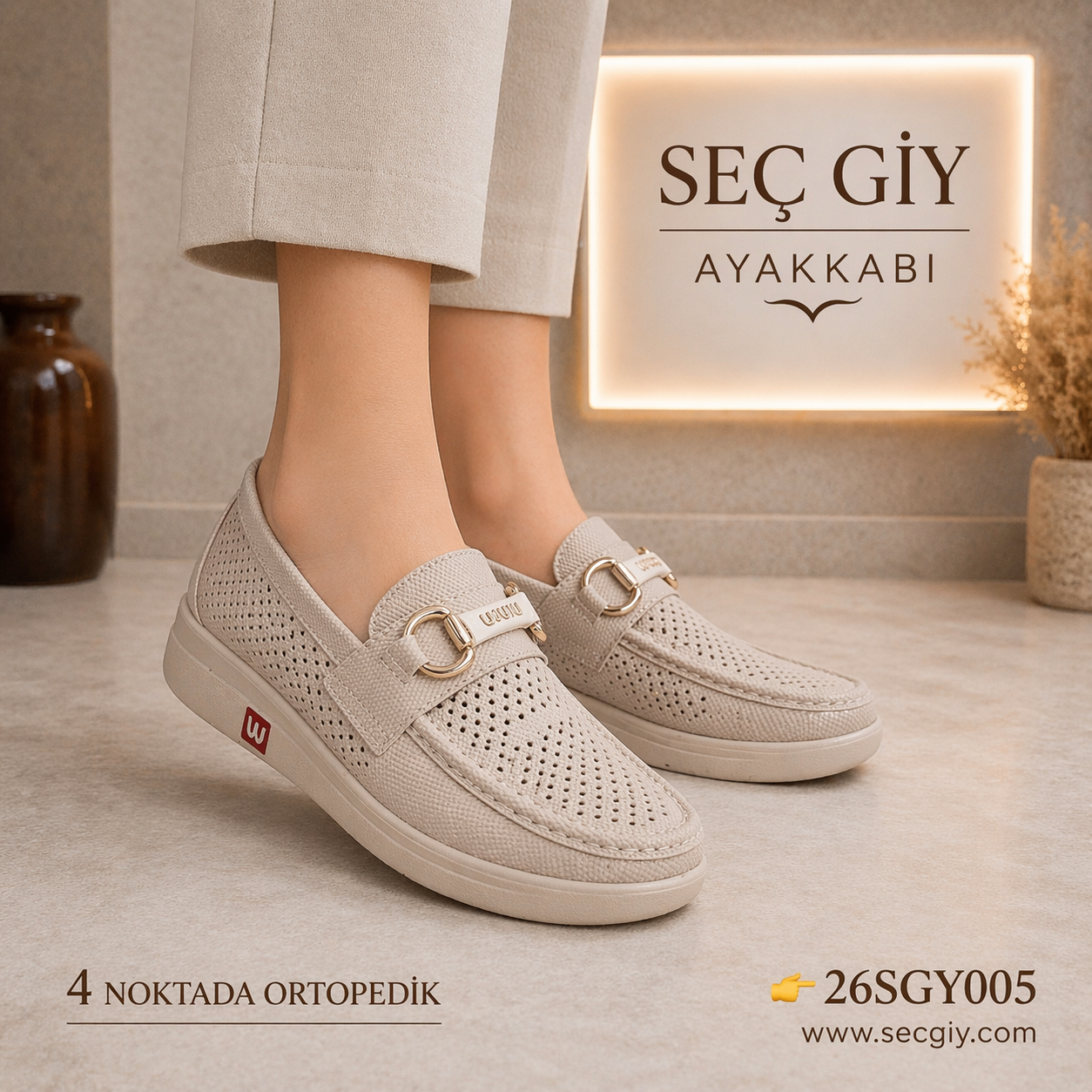 Bej Delikli Ortopedik Loafer Kadın Ayakkabı Nefes Alabilir Günlük Model