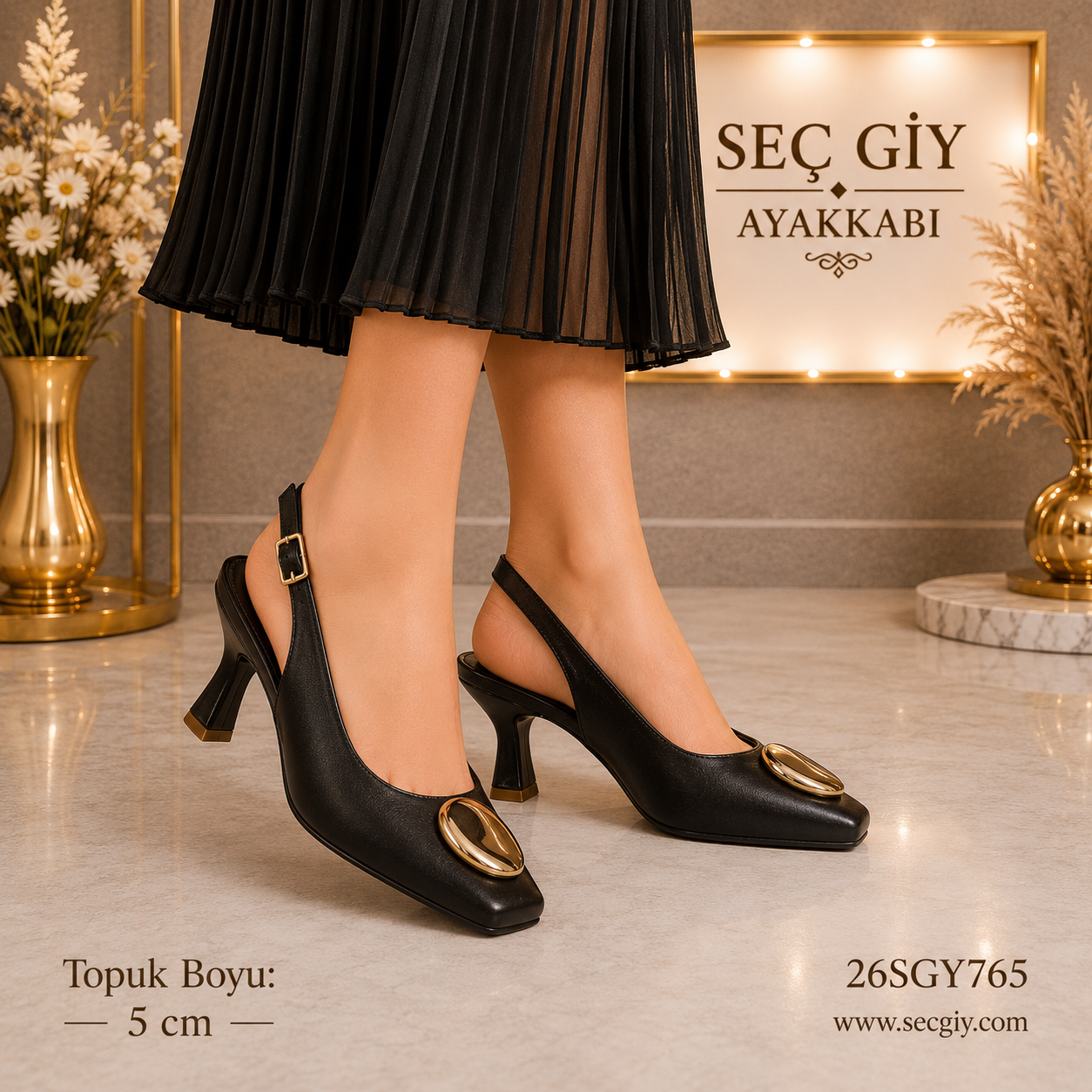 Siyah Gold Tokalı Kadın Slingback Topuklu Ayakkabı 5CM – Klasik Şık Kadın Ayakkabısı