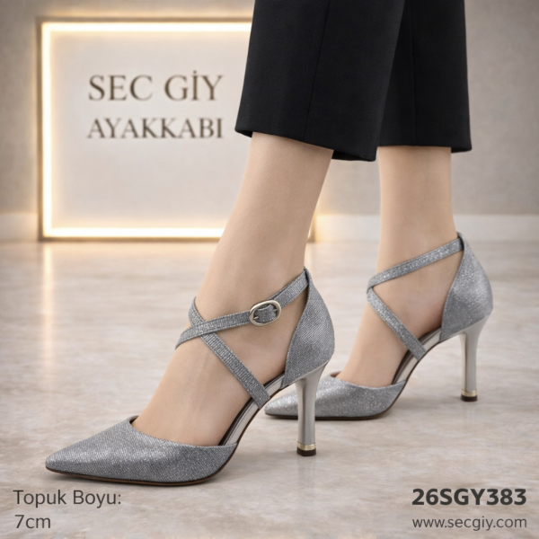 Antrasit  Simli Kadın Topuklu Ayakkabı 7 cm Çapraz Bantlı Abiye