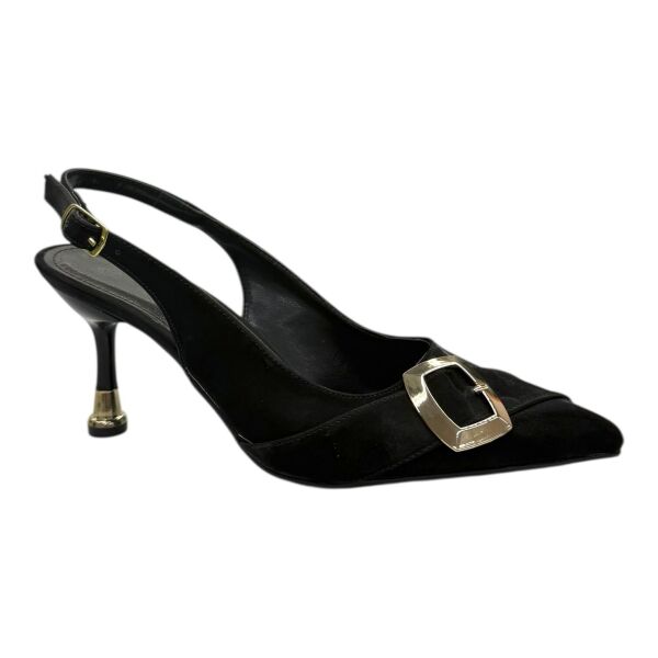 Altın Tokalı Siyah Süet  Stiletto 38