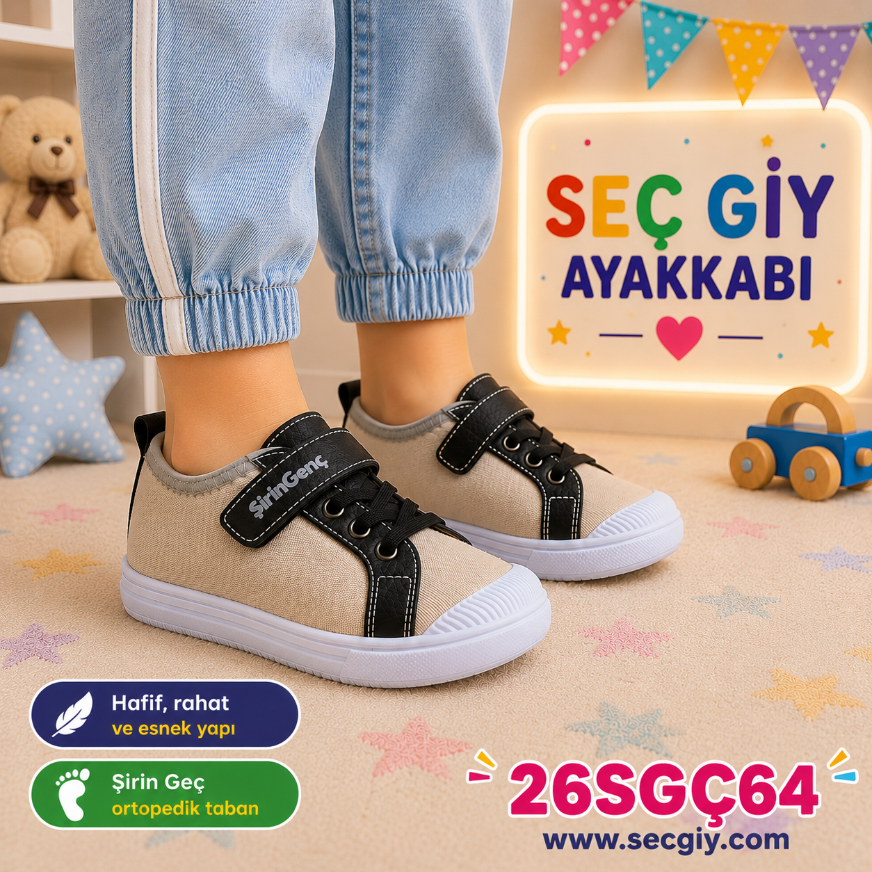 Erkek Çocuk Keten Cırt Cırtlı Ortopedik Spor Ayakkabı Bej
