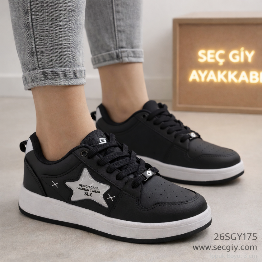 Siyah Beyaz Yıldız Detaylı Bayan Spor Ayakkabı – Günlük Rahat Sneaker