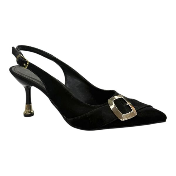 Altın Tokalı Siyah Süet  Stiletto 40