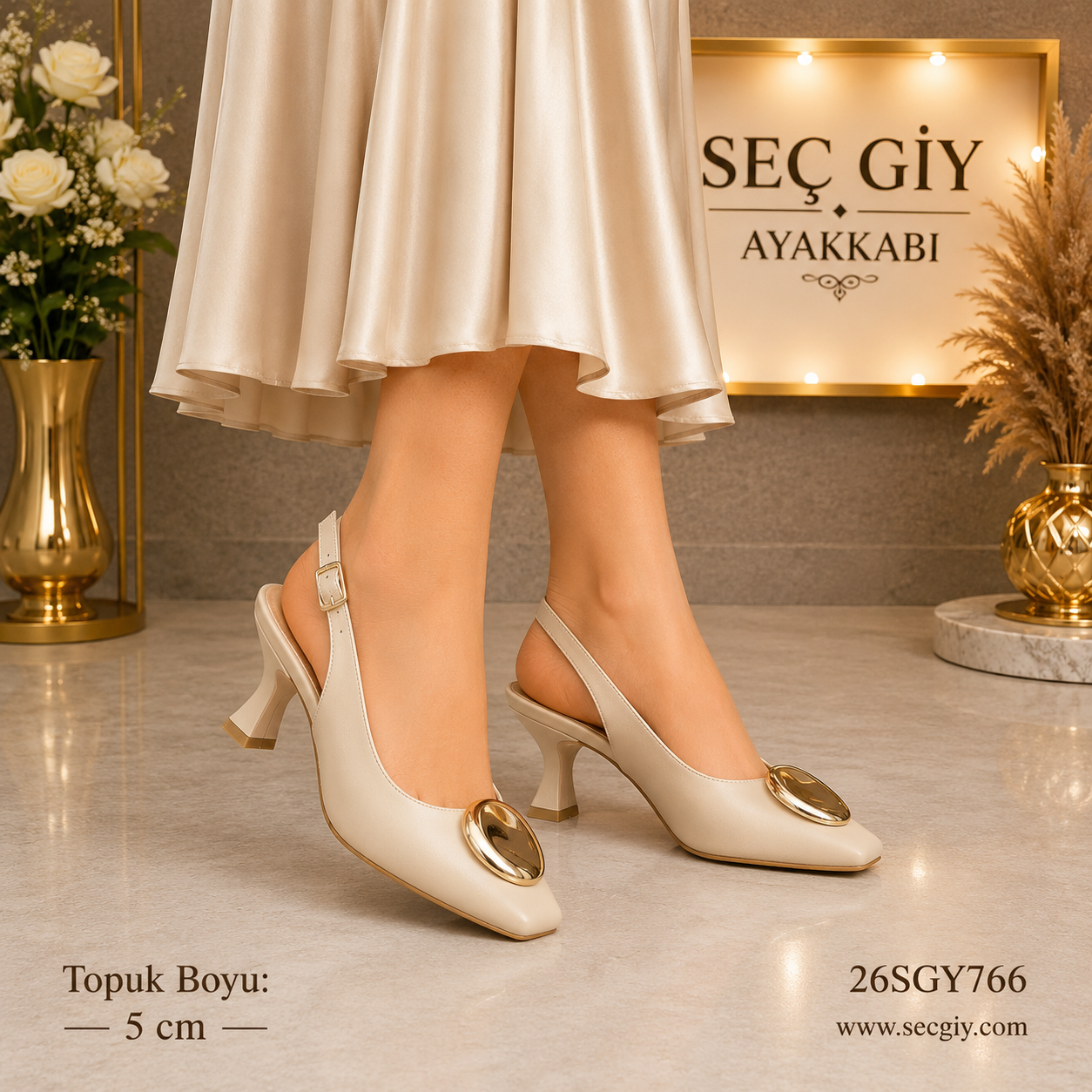 Krem Gold Tokalı Kadın Slingback Topuklu Ayakkabı 5CM – Zarif Klasik Kadın Ayakkabısı