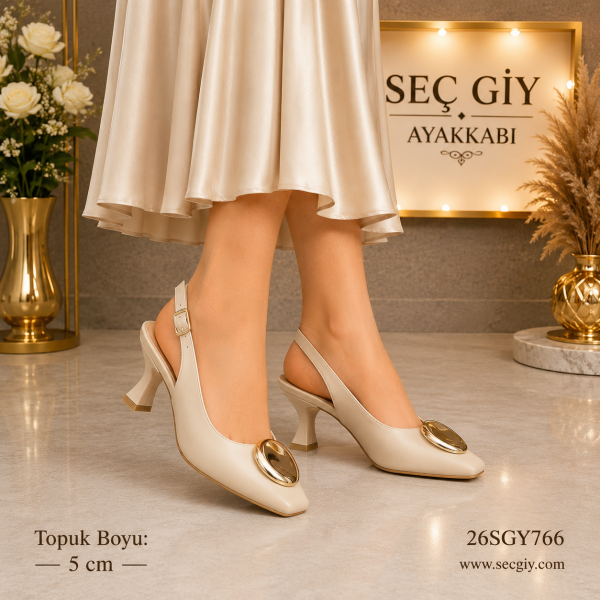 Krem Gold Tokalı Kadın Slingback Topuklu Ayakkabı 5CM – Zarif Klasik Kadın Ayakkabısı