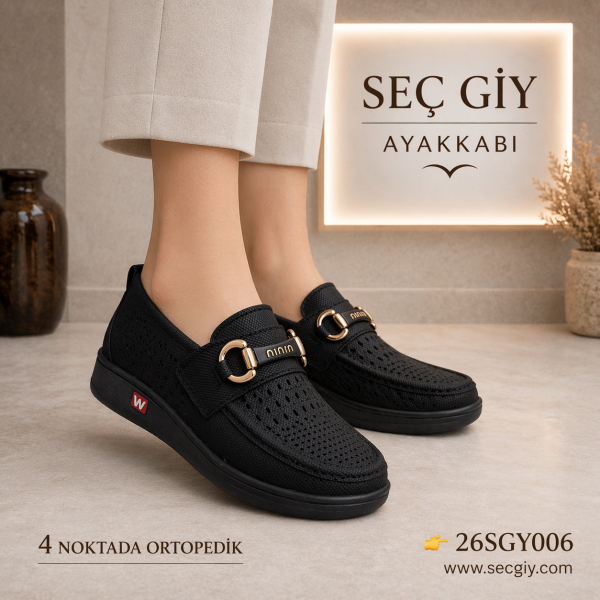 Siyah Delikli Ortopedik Loafer Kadın Ayakkabı Nefes Alabilir Günlük Model