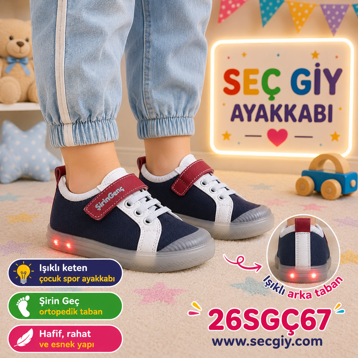 Erkek Çocuk Işıklı Keten Cırt Cırtlı Spor Ayakkabı Lacivert