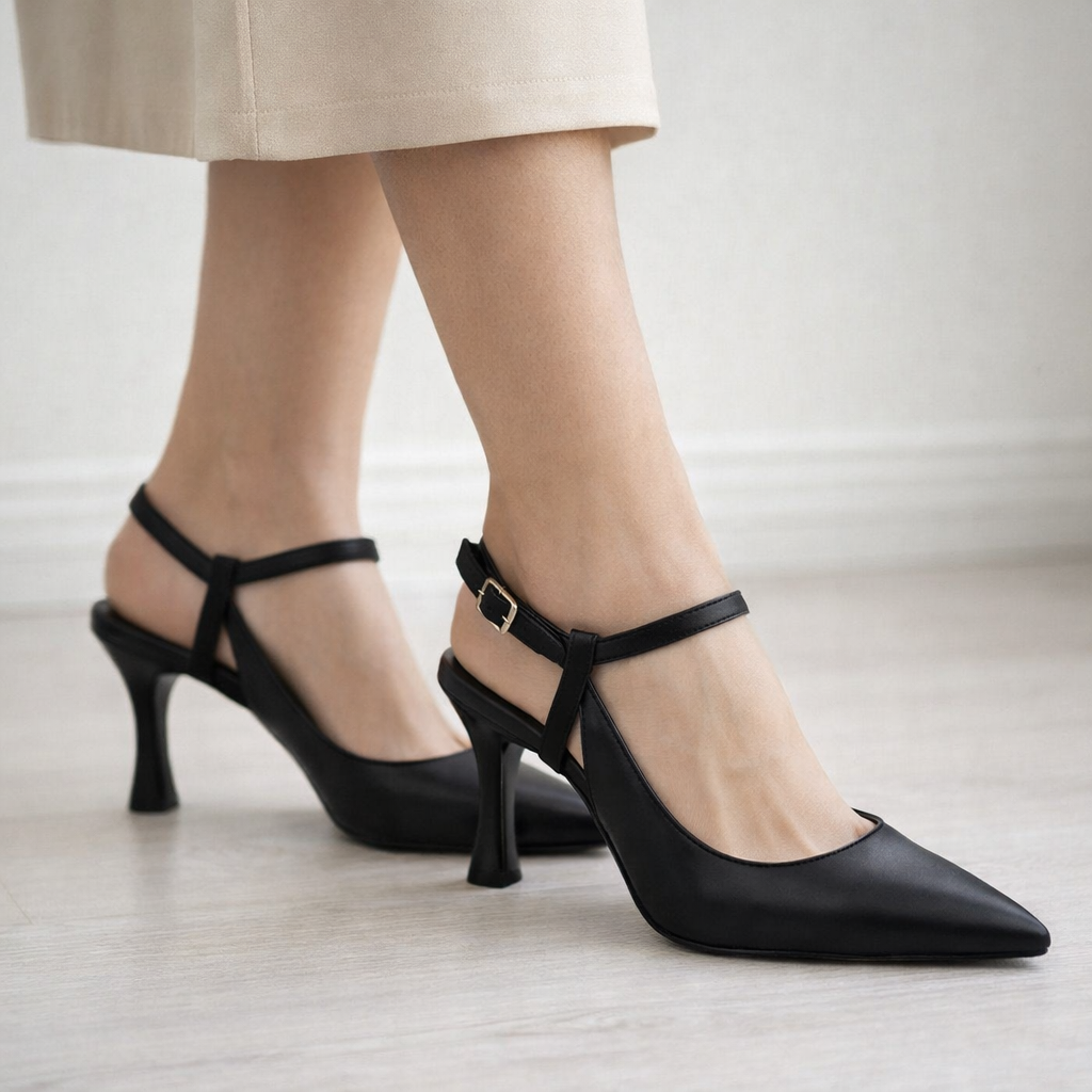 Modern Çapraz Şeritli Siyah Topuklu Ayakkabı