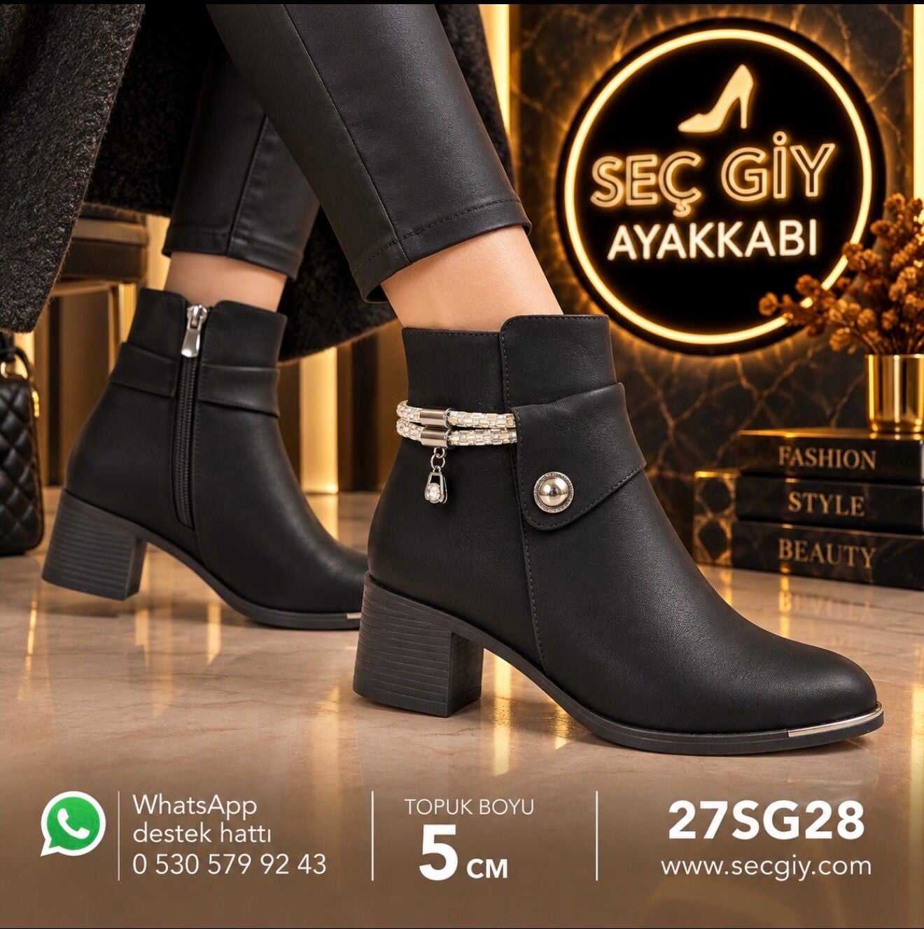 Siyah Aksesuarlı Kadın Topuklu Bot – 5 cm Topuk