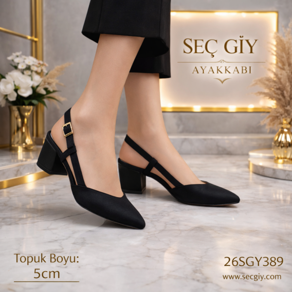 Siyah Kadın Topuklu Ayakkabı 5 cm Kalın Topuk – Arka Bantlı Klasik Model