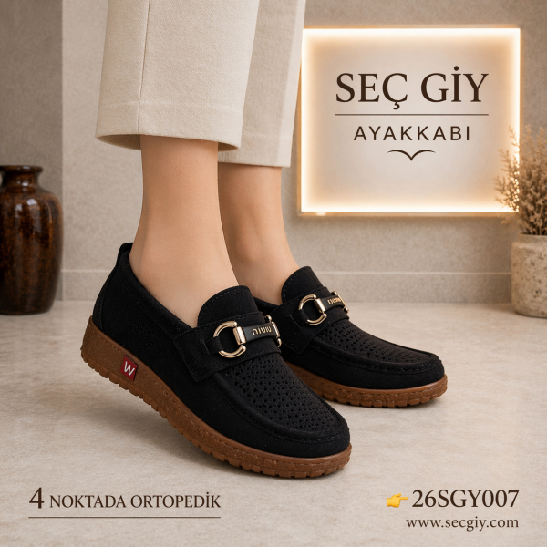 Siyah Delikli Ortopedik Loafer Kadın Ayakkabı Kahverengi Taban Günlük Model