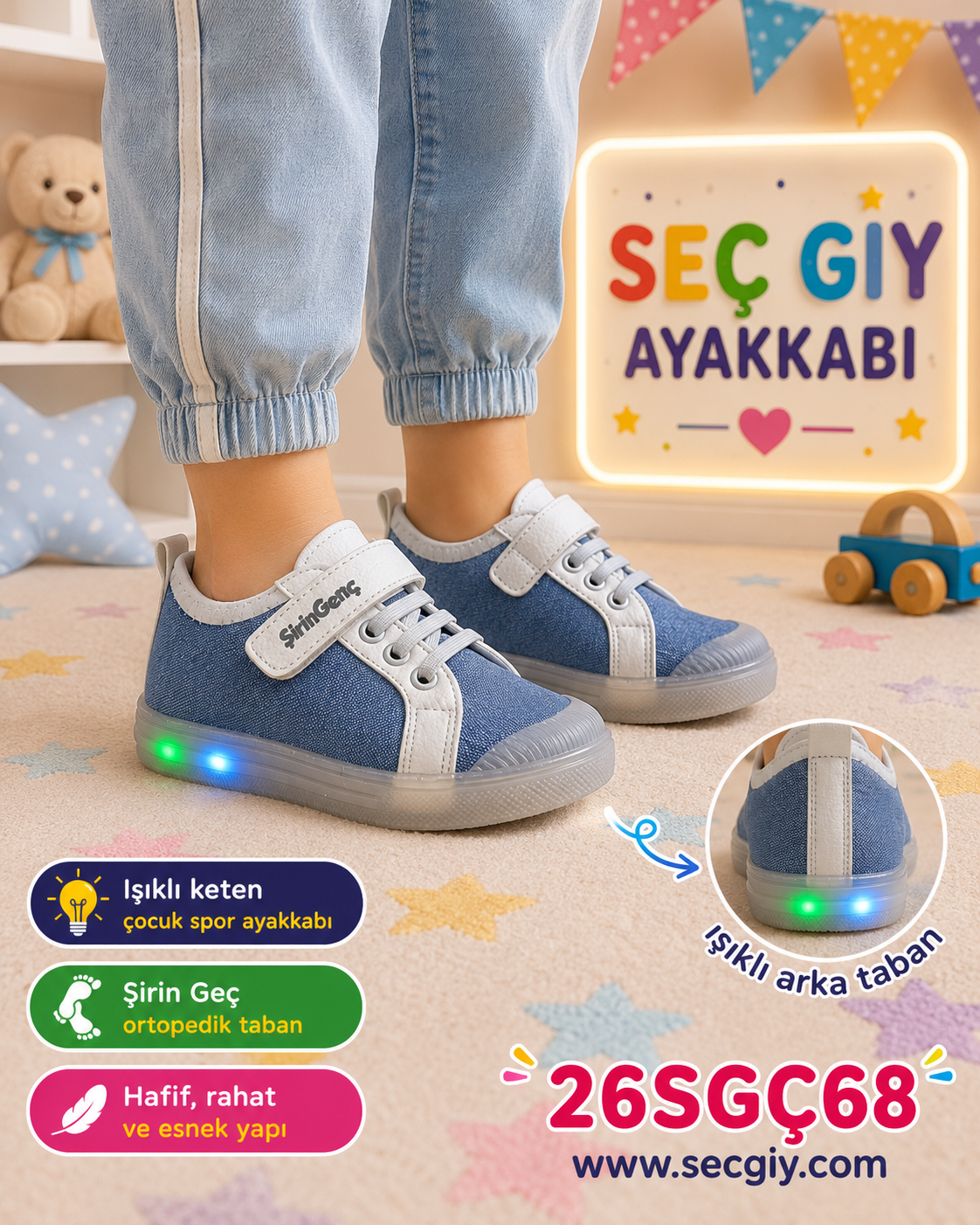 Erkek Çocuk Işıklı Keten Cırt Cırtlı Spor Ayakkabı Mavi