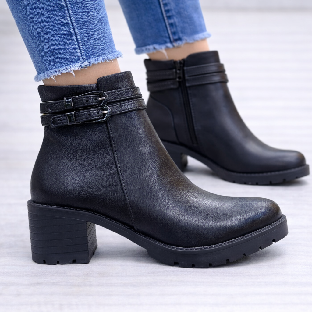 Çift Tokalı Siyah Kalın Topuk Kadın Bot