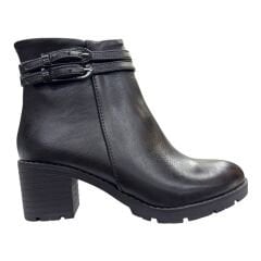 Çift Tokalı Siyah Kalın Topuk Kadın Bot