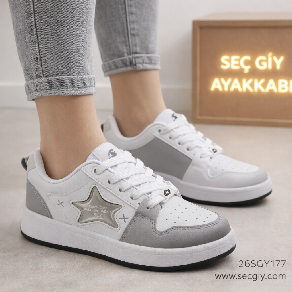Beyaz Gri Yıldız Detaylı Bayan Spor Ayakkabı – Günlük Konforlu Sneaker