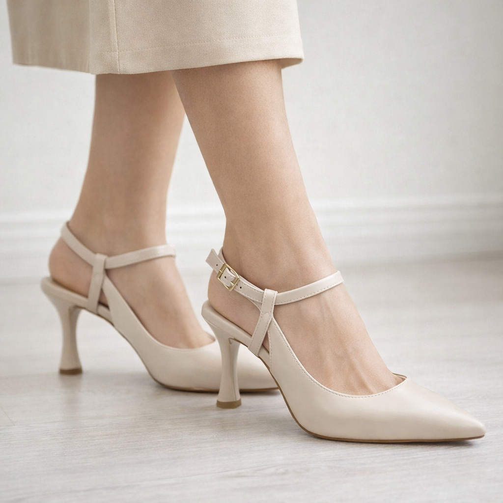 Modern Çapraz Şeritli Krem Topuklu Ayakkabı