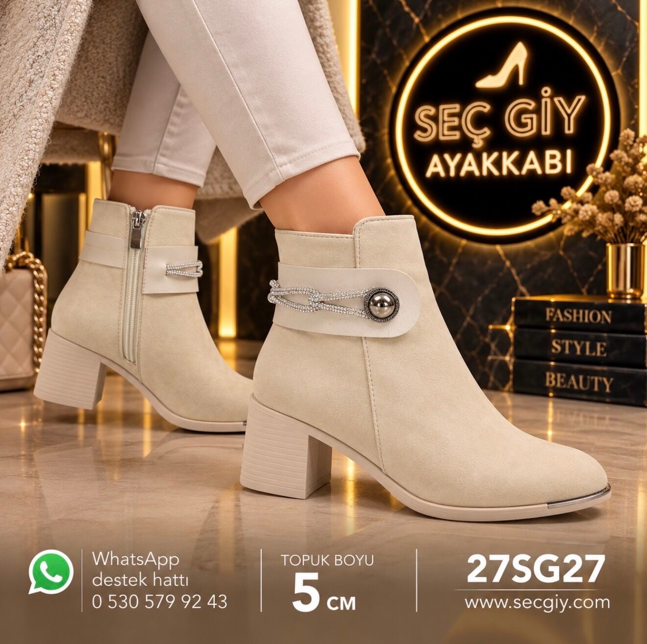 Krem Taş Aksesuarlı Kadın Topuklu Bot – 5 cm Topuk