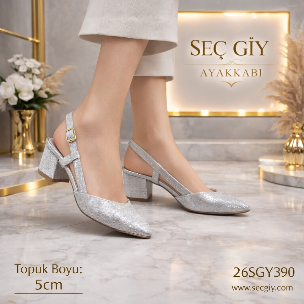 Gümüş Simli Kadın Topuklu Ayakkabı 5 cm Kalın Topuk – Şık Abiye Model