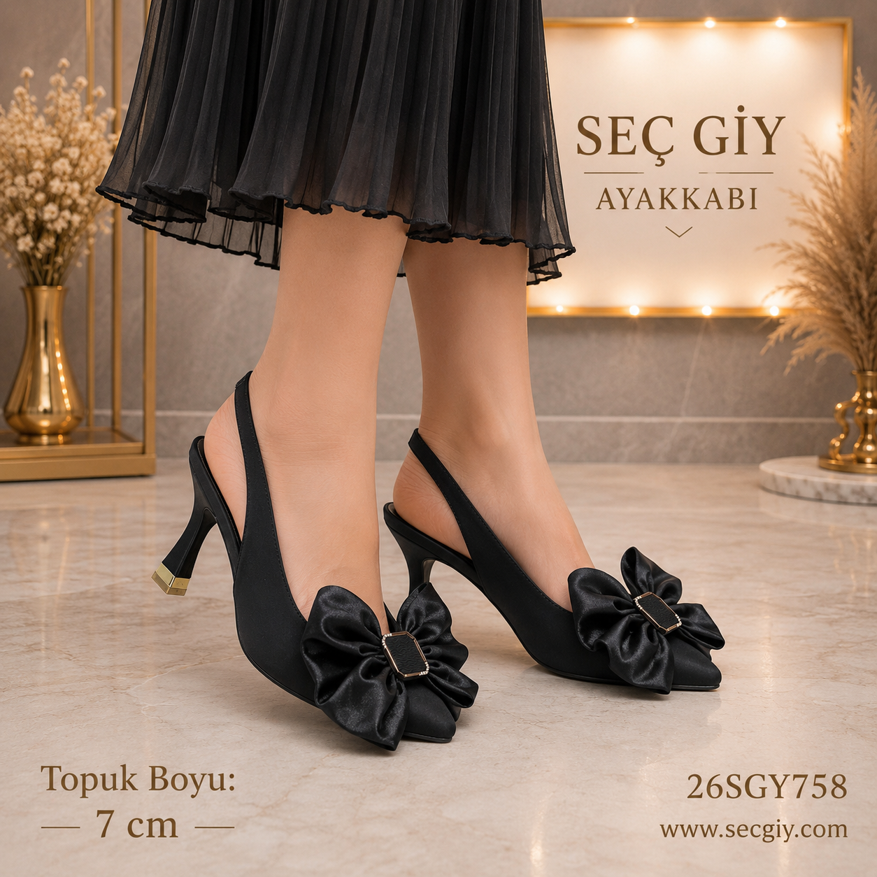 Siyah Fiyonk Detaylı Kadın Slingback Topuklu Ayakkabı 7CM – Zarif Davet Ayakkabısı