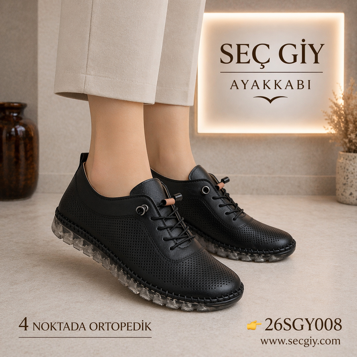 Siyah Delikli Ortopedik Bağcıklı Kadın Ayakkabı Şeffaf Taban Nefes Alabilir Günlük Model