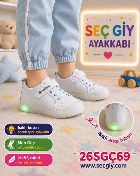 Erkek Çocuk Işıklı Keten Cırt Cırtlı Spor Ayakkabı Beyaz