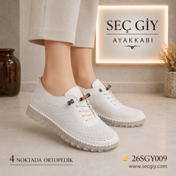 Beyaz Delikli Ortopedik Bağcıklı Kadın Ayakkabı Şeffaf Taban Nefes Alabilir Günlük Model