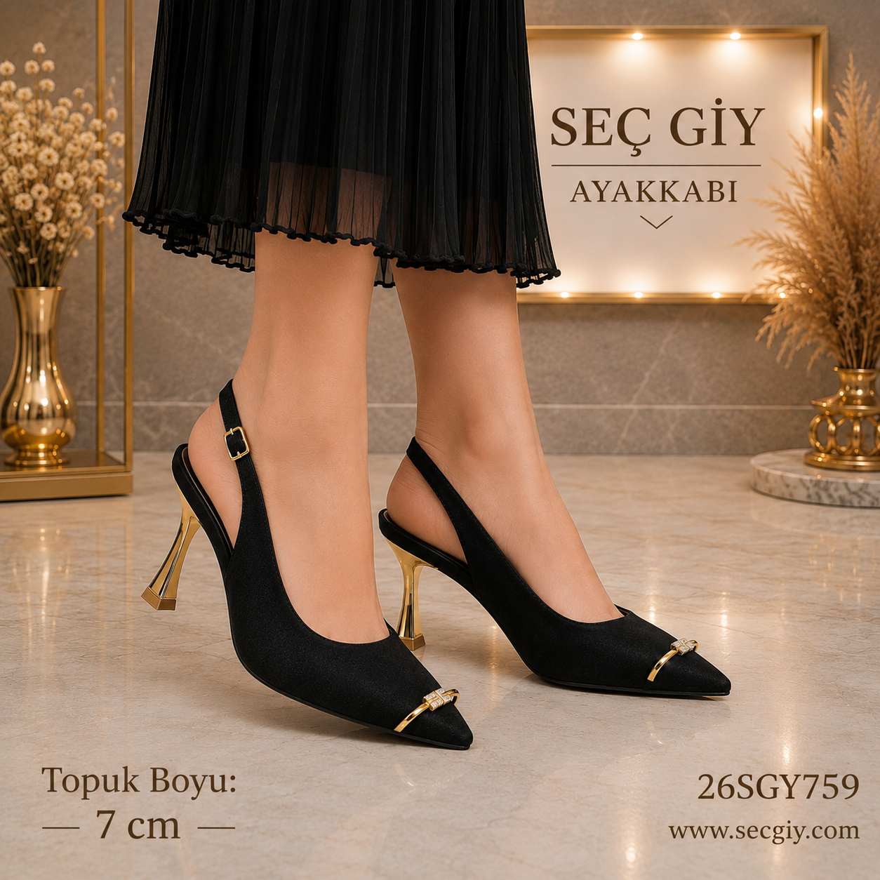 Siyah Taş Detaylı Kadın Slingback Topuklu Ayakkabı 7CM – Zarif Sivri Burun Ayakkabı