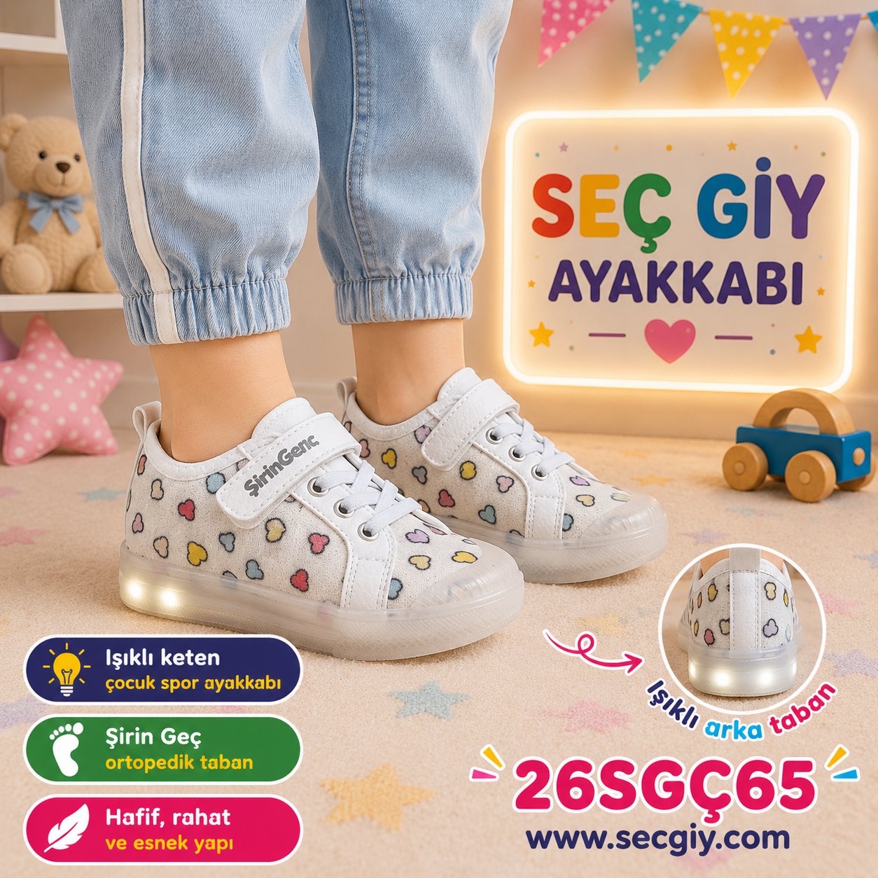 Kız Çocuk Işıklı Keten Kalp Desenli Spor Ayakkabı Beyaz