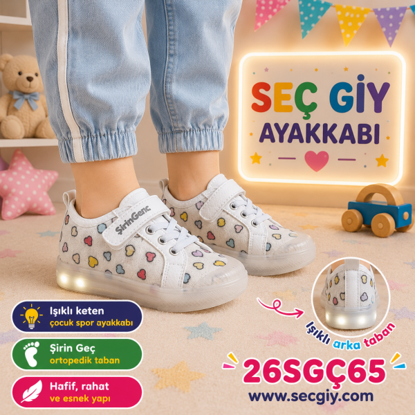 Kız Çocuk Işıklı Keten Kalp Desenli Spor Ayakkabı Beyaz