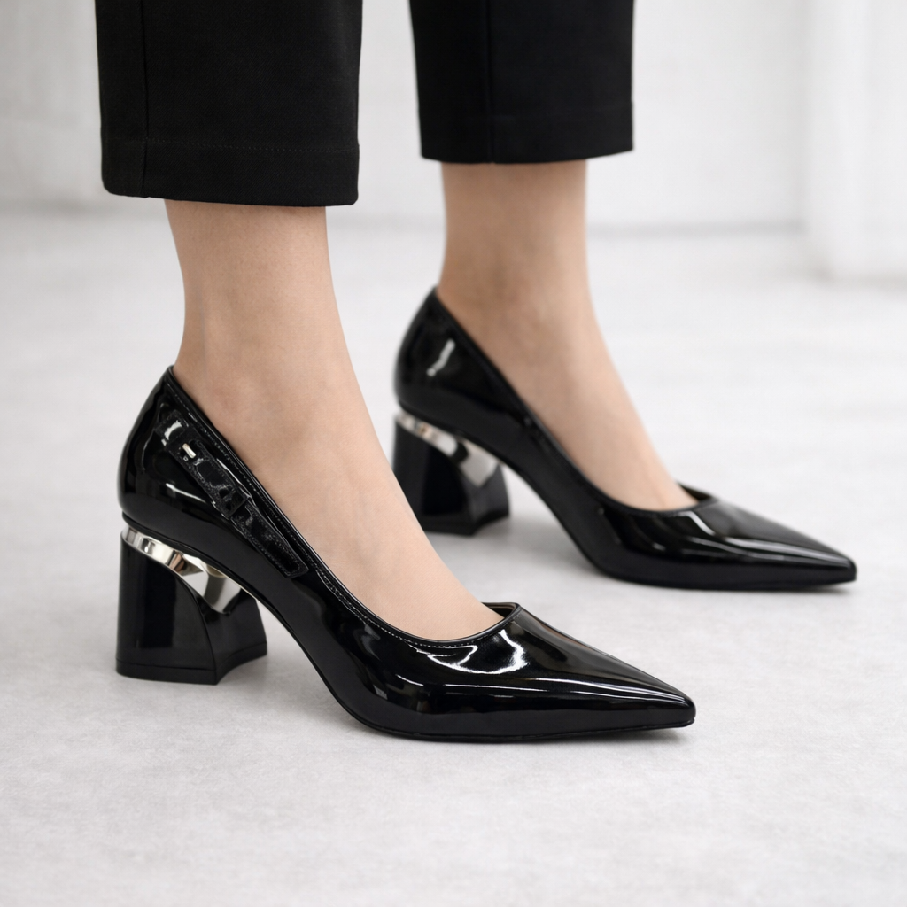 Gold Detaylı Siyah Patent Kalın Topuklu Ayakkabı