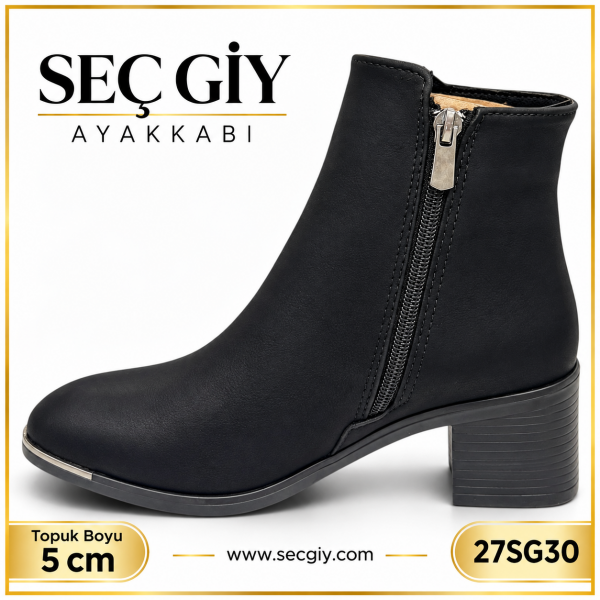 Siyah Sade Kadın Topuklu Bot – 5 cm Kalın Topuk