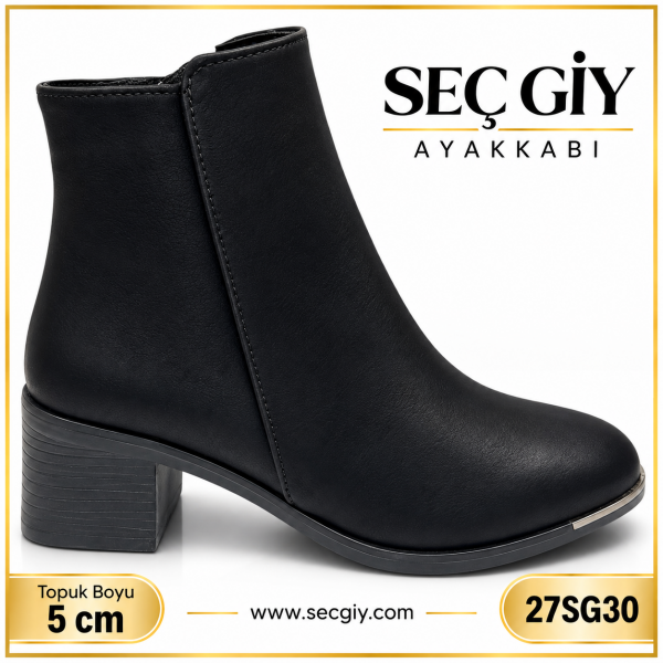 Siyah Sade Kadın Topuklu Bot – 5 cm Kalın Topuk