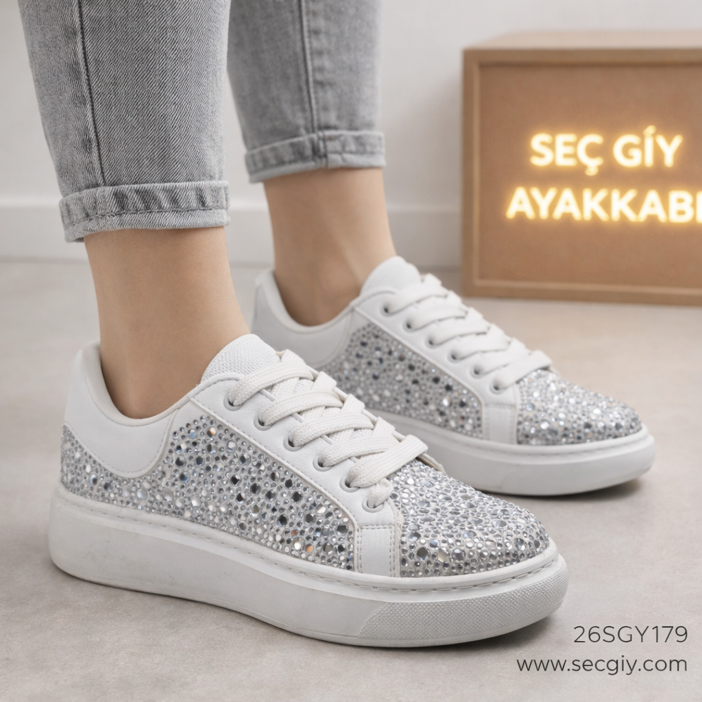 Beyaz Taş Detaylı Bayan Spor Ayakkabı – Işıltılı Şık Günlük Sneaker