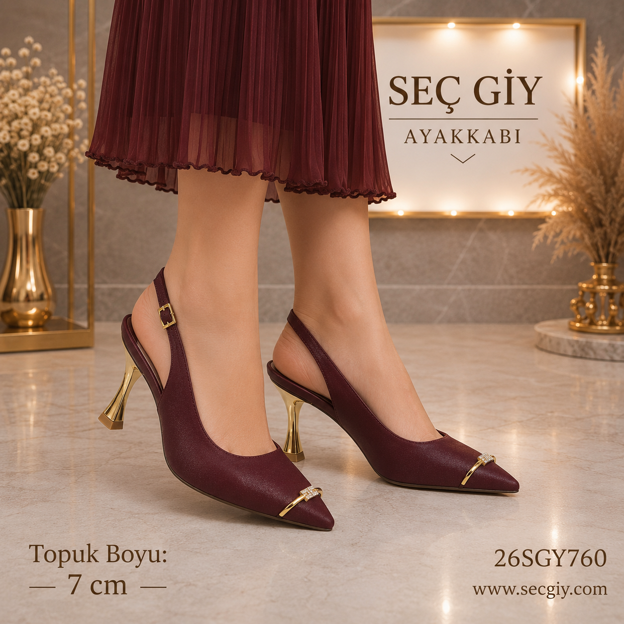 Bordo Sivri Burun Slingback Kadın Topuklu Ayakkabı 7CM – Gold Detaylı Şık Abiye Ayakkabı