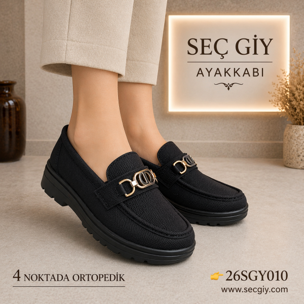 Siyah Ortopedik Loafer Kadın Ayakkabı Kalın Taban Gold Tokalı Günlük Model