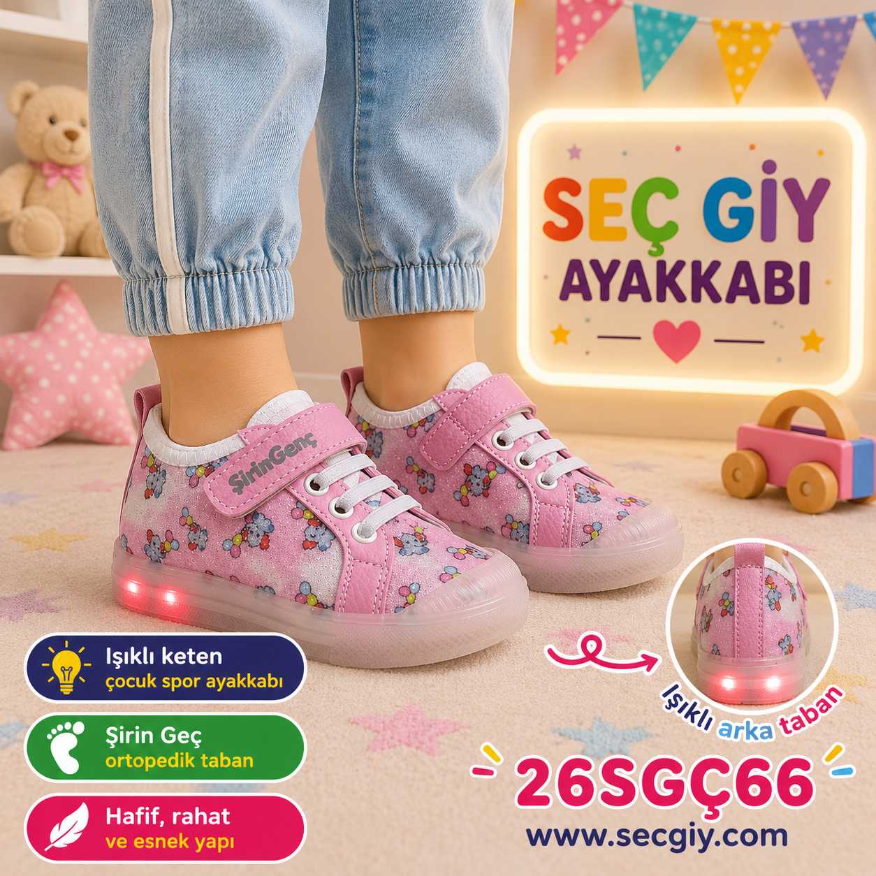 Kız Çocuk Işıklı Keten Çiçek Desenli Spor Ayakkabı Pembe
