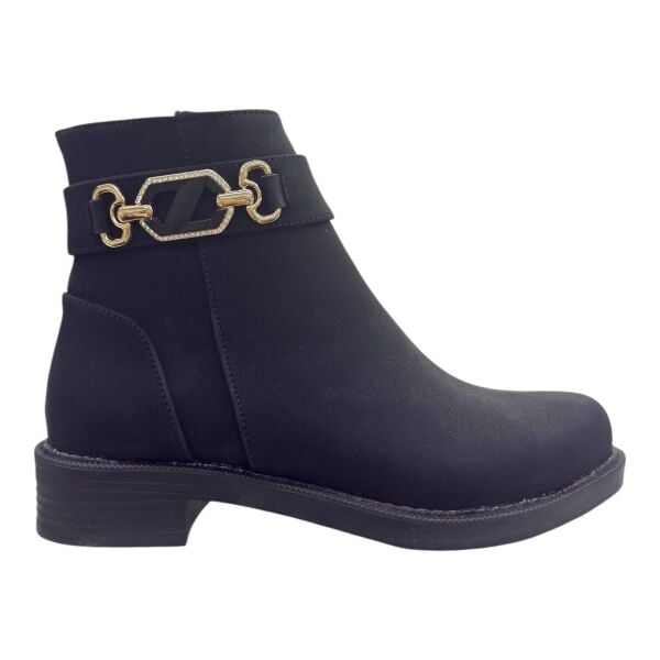 Siyah Altın Tokalı Düşük Topuk Kadın Bot