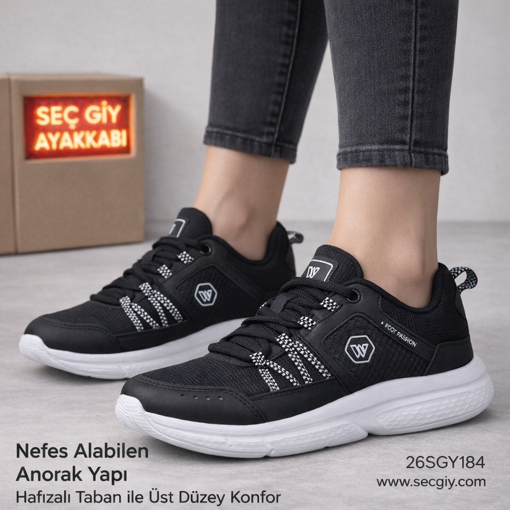 Siyah Nefes Alabilen Bayan Spor Ayakkabı – Anorak Yapı & Hafızalı Taban Konforu