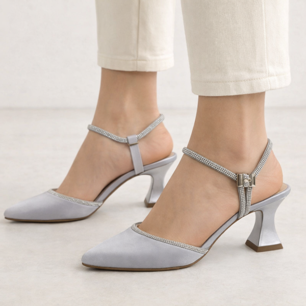 Saten Gri–Gümüş Kristalli  Stiletto