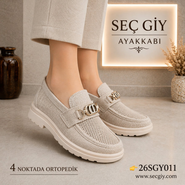 Krem Delikli Ortopedik Loafer Kadın Ayakkabı Kalın Taban Gold Tokalı Günlük Model