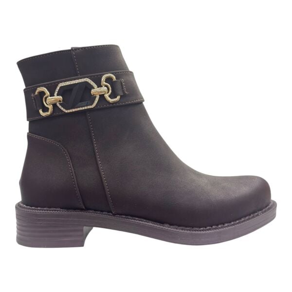 Kahverengi Altın Tokalı Düşük Topuk Kadın Bot