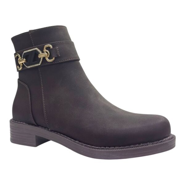 Kahverengi Altın Tokalı Düşük Topuk Kadın Bot