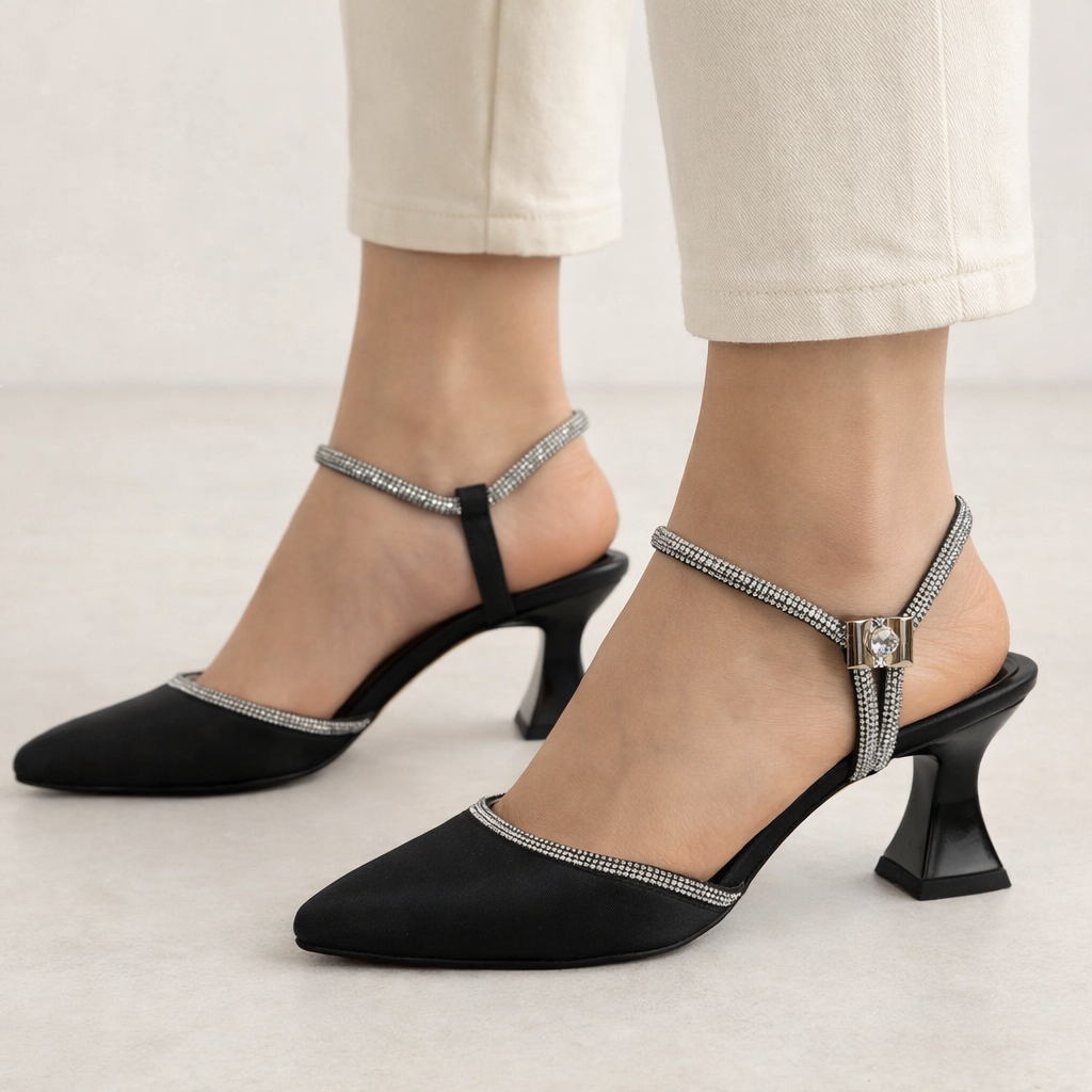 Saten Siyah–Gümüş Kristalli