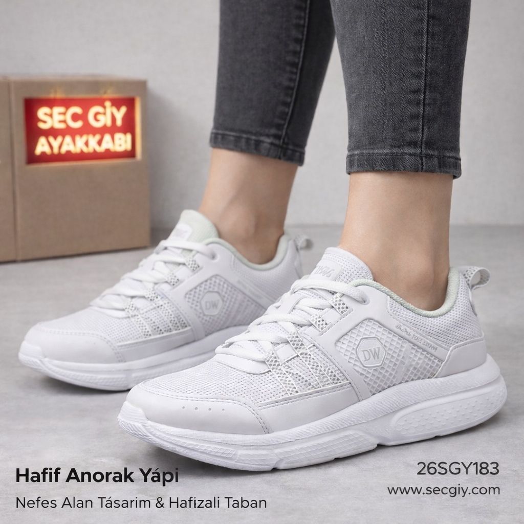 Beyaz Nefes Alabilen Bayan Spor Ayakkabı – Anorak Yapı & Hafızalı Taban Konforu