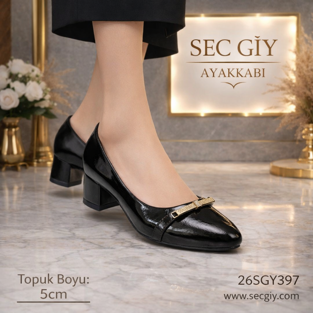 Acı Kahve Rugan Kadın Topuklu Ayakkabı 5 cm Kalın Topuk – Gold Tokalı Klasik Model